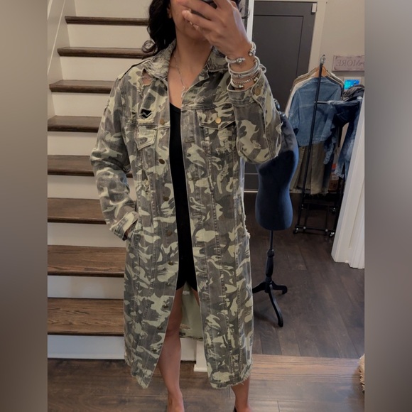 Camo Distressed Longline Denim Jacket – Size Small - Picture 1 of 10